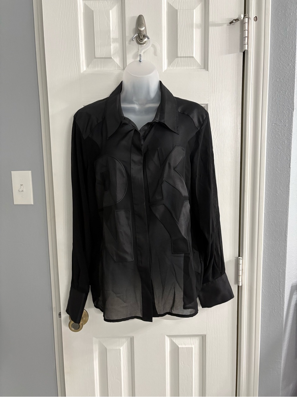 DKNY Black Sheer Button-Down Shirt with Tonal Panel Accents